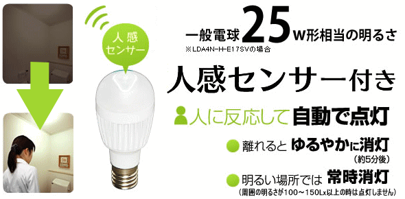 アイリスオーヤマ LED電球 人感センサー[ECOLUX] LDA4N-H-E17SV LDA3L