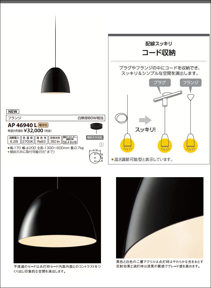 コイズミ照明 ペンダントライト フランジ 白熱球100W相当 透明アクリル AP46937L - 1